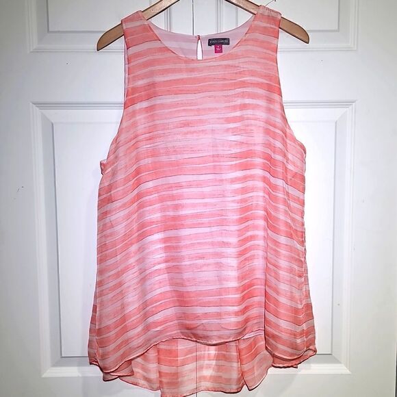 Vince Camuto Coral Striped Sleeveless Chiffon Overlay Babydoll Blouse - Picture 1 of 9